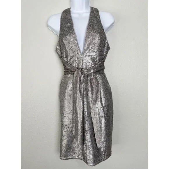 Harlyn silver sequin plunge neck matte waist tie dress‎ S Formal Cocktail - Picture 13 of 13